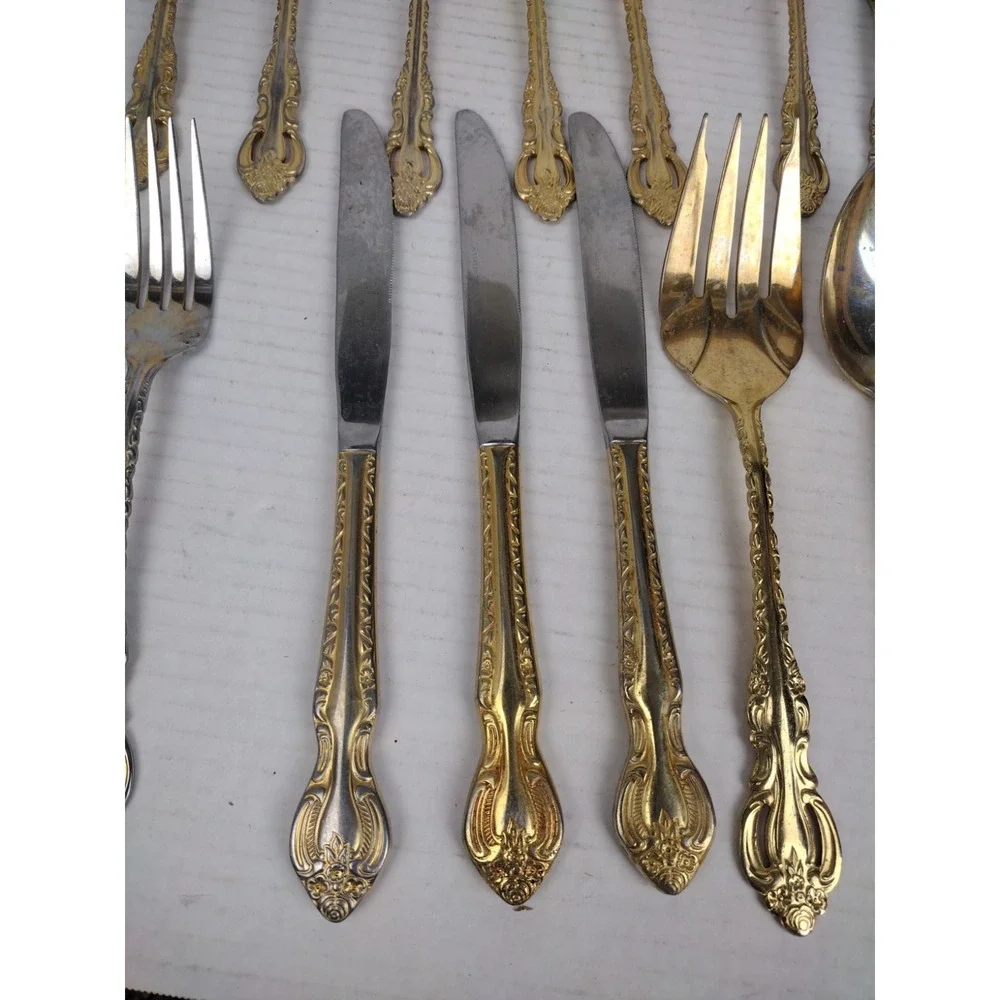 Vintage 24 PC Gold Tone Ornate COOK'S ESSENTIALS 18/10 STAINLESS FLATWARE